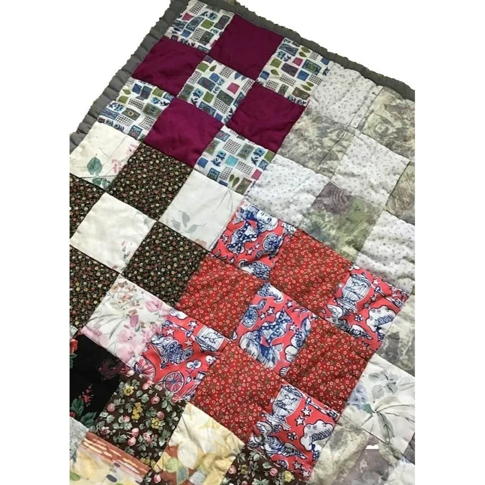 Patchwork Pieced Handmade Lap Throw Cutter Quilt Vtg 9 Block Patch Cotton Scraps